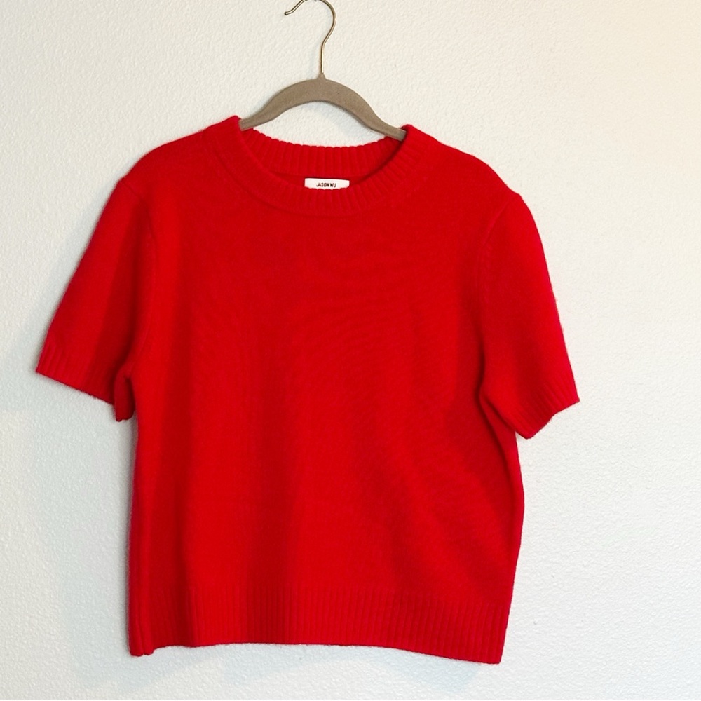 Jason Wu Cashmere Short Sleeve Sweater Red Crewneck Knit Top, Women's Size Large